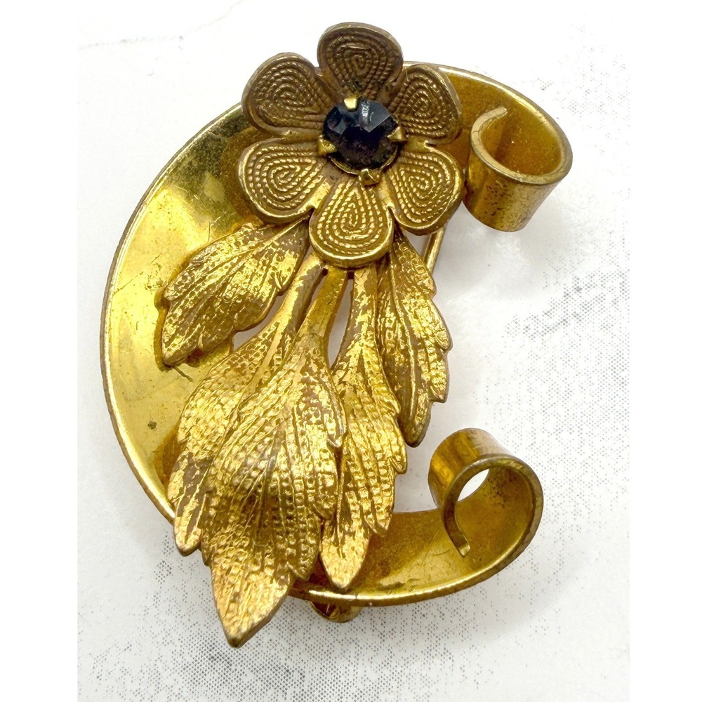 Vintage Gold Tone Crescent Floral Brooch Amethyst‎ Glass Rhinestone